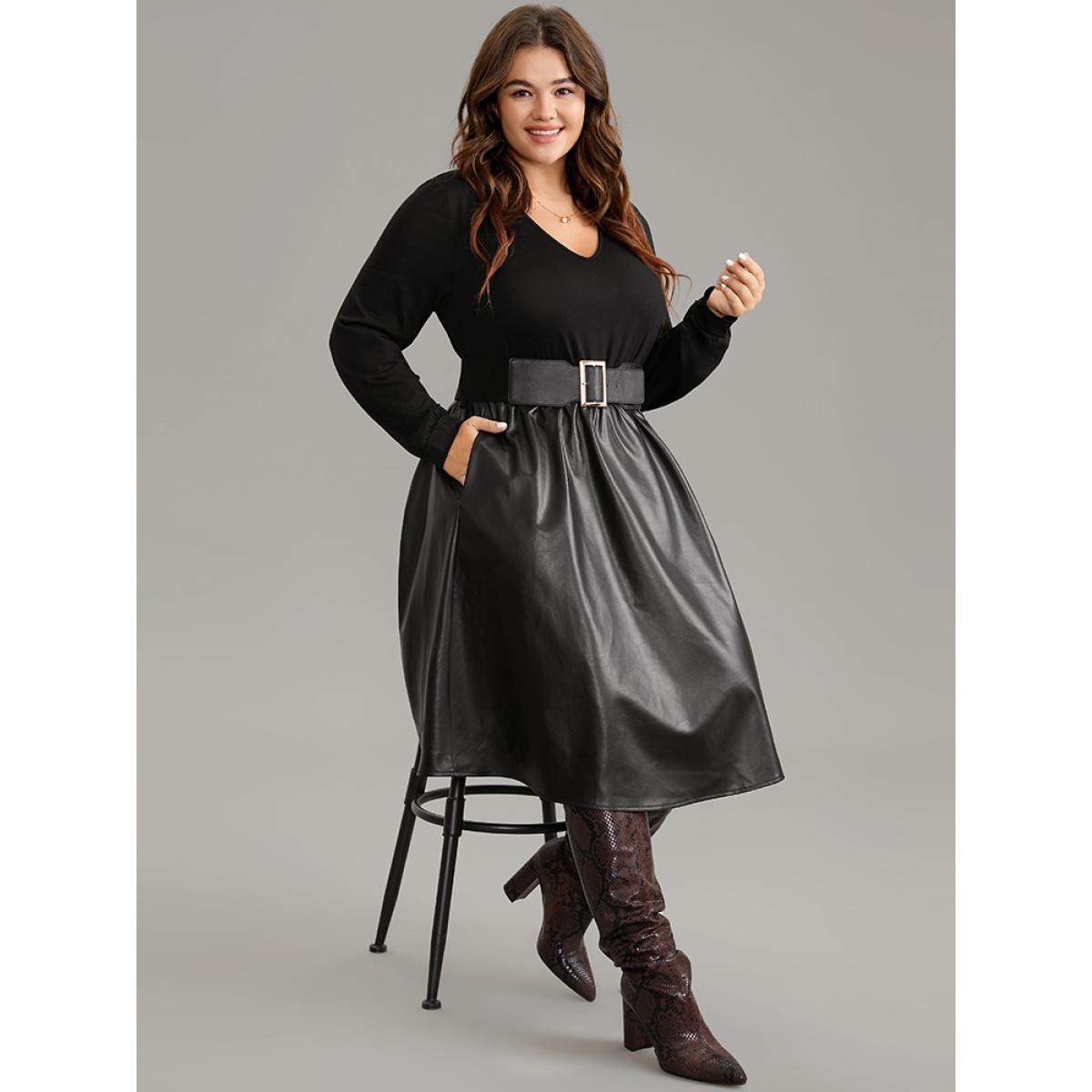 Plus Size PU Patchwork V Neck Dress With Belt Black Women Office Plain V-neck Long Sleeve Curvy Knee Dress BloomChic 26/4X Product Image