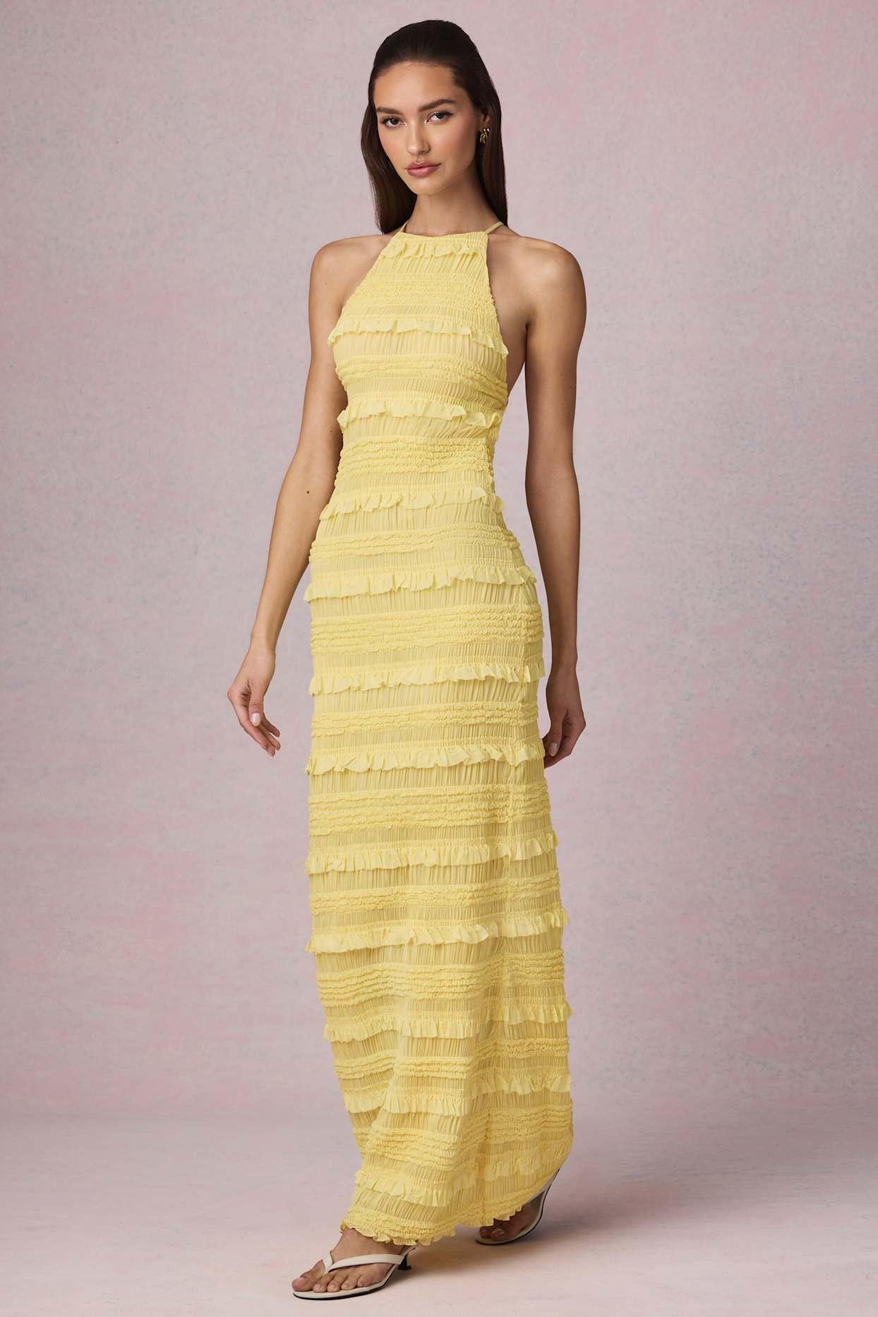 Ruffled Backless Halterneck Maxi Dress in Lemon Yellow Product Image