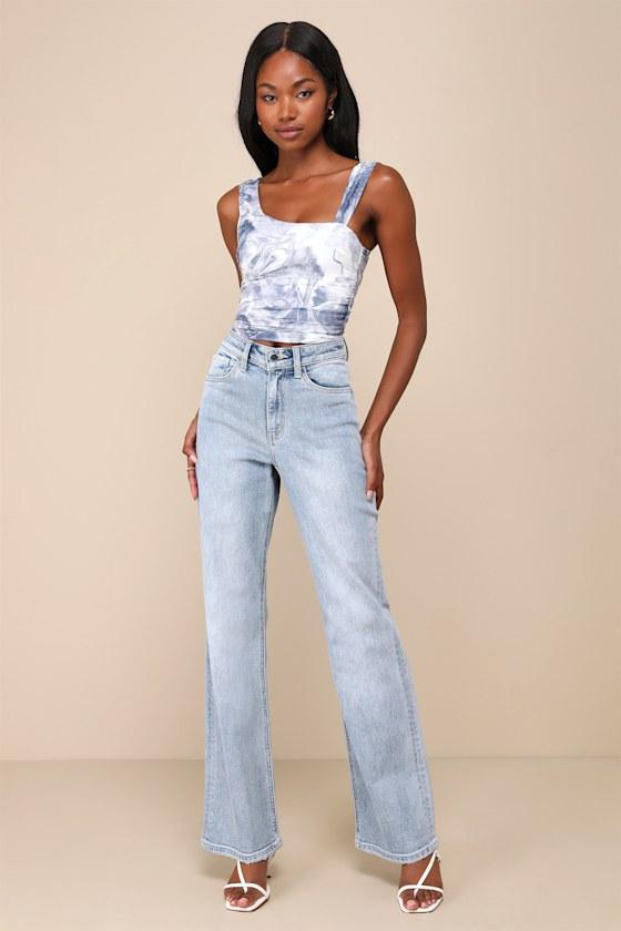 Beautiful Vision Blue and White Abstract Mesh Asymmetrical Top Product Image