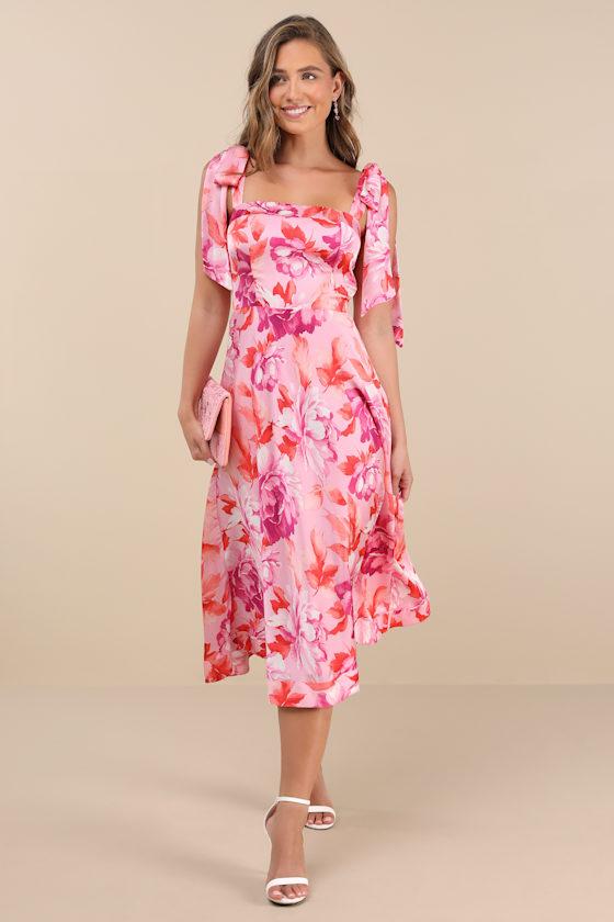 Fleurette Pink Floral Tie-Strap Midi Dress Product Image