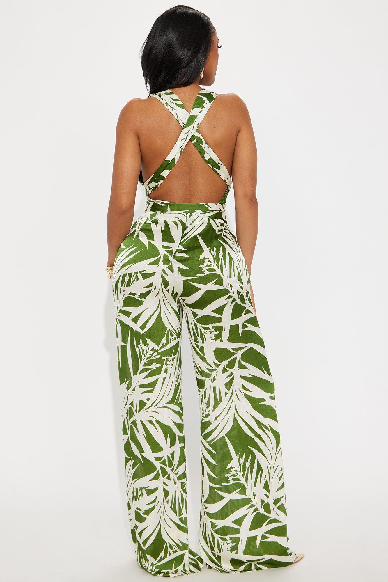 Play Time Tropical Satin Jumpsuit - Green/combo Female Product Image