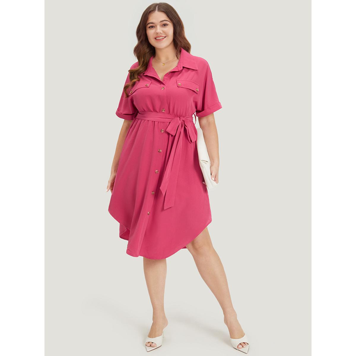 Plus Size Plain Belted Shirt Collar Arc Hem Roll Batwing Sleeve Dress Red Women Office Belted Shirt collar Short sleeve Curvy Knee Dress BloomChic 22-24/3X Product Image