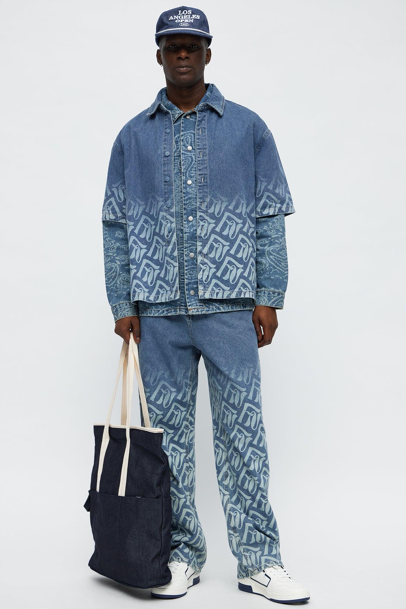 Boxy Cropped Chateau Monogram Denim Shirt - Light Blue Wash Male Product Image