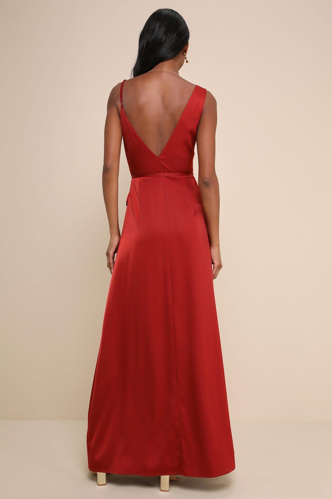 Poised Sophistication Rust Red Satin Wrap Maxi Dress Product Image