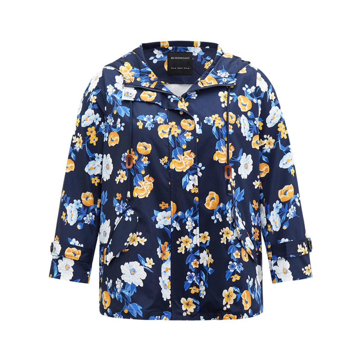 Plus Size Boho Print Drawstring Hooded Zipper Jacket Women Indigo Printed Pocket Dailywear Jackets BloomChic 22-24/3X Product Image