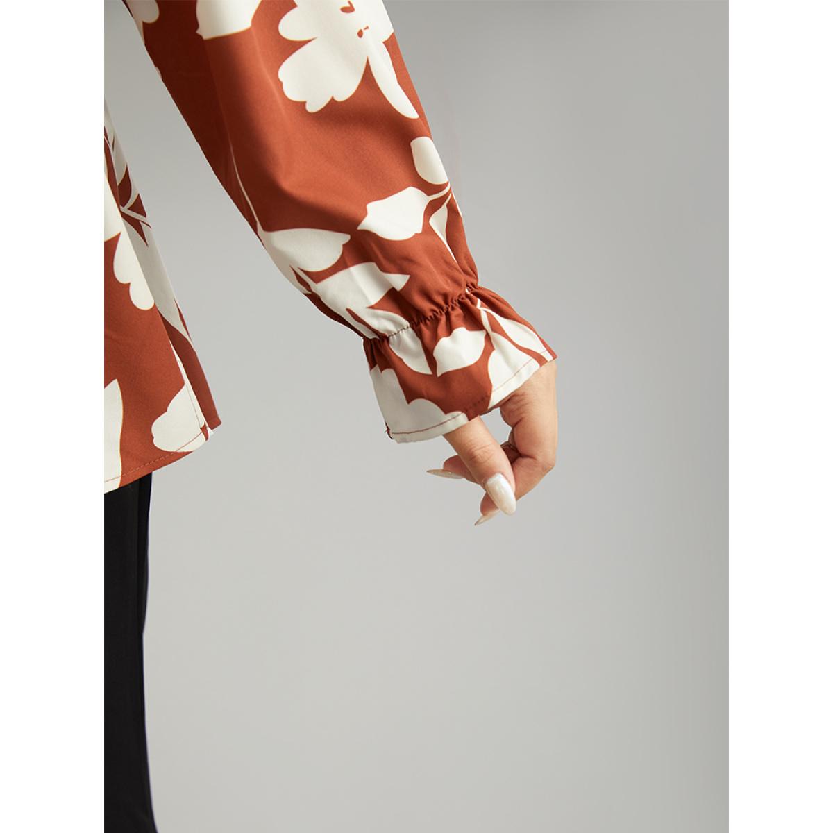 Plus Size Chocolate Silhouette Floral Print Elastic Waist Blouse Women Elegant Long Sleeve V-neck Dailywear Blouses BloomChic 22-24/3X Product Image