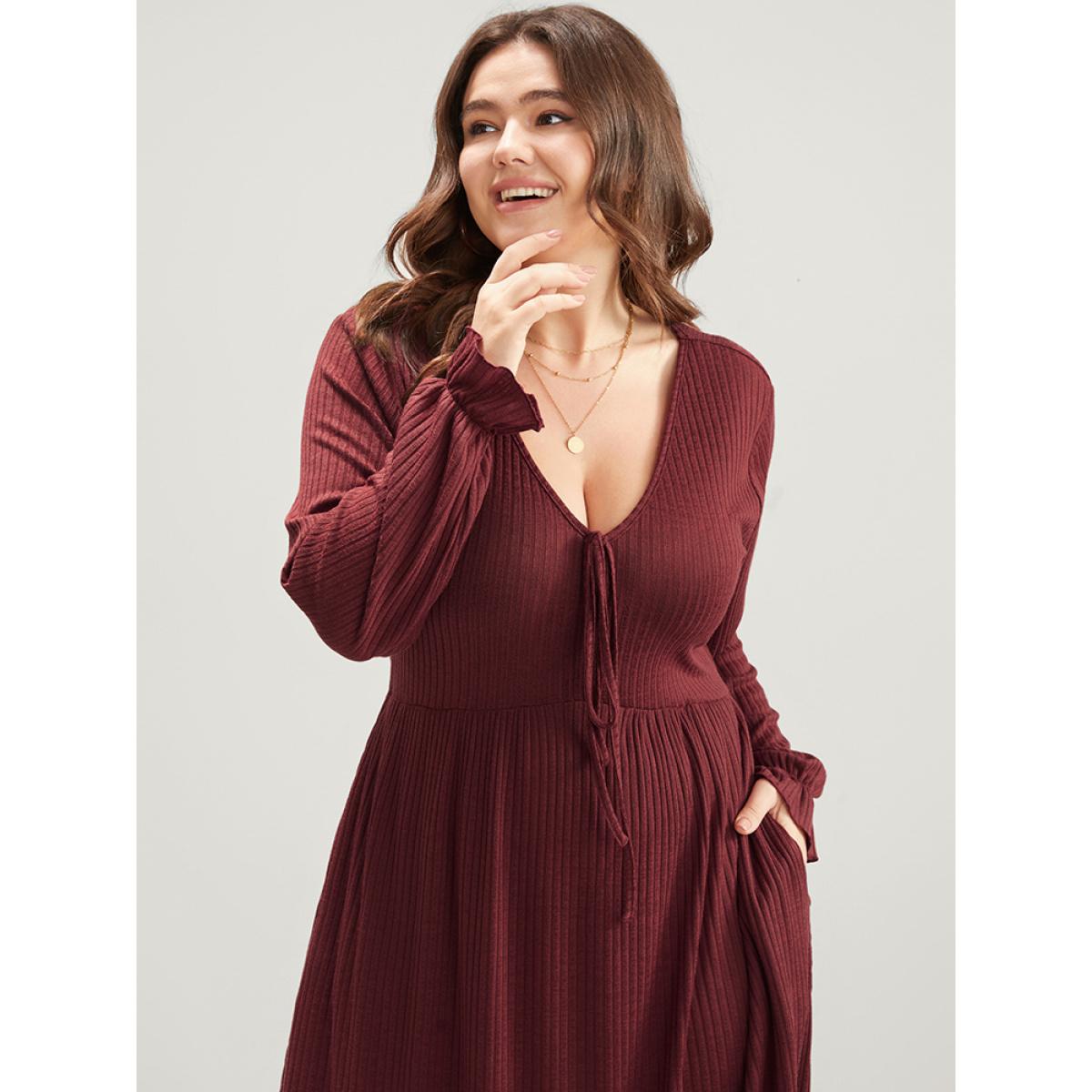 Plus Size Solid Lantern Sleeve Tie Neck Pocket Rib Knit Dress Burgundy Women Casual Pocket V-neck Long Sleeve Curvy Midi Dress BloomChic 28/5X Product Image