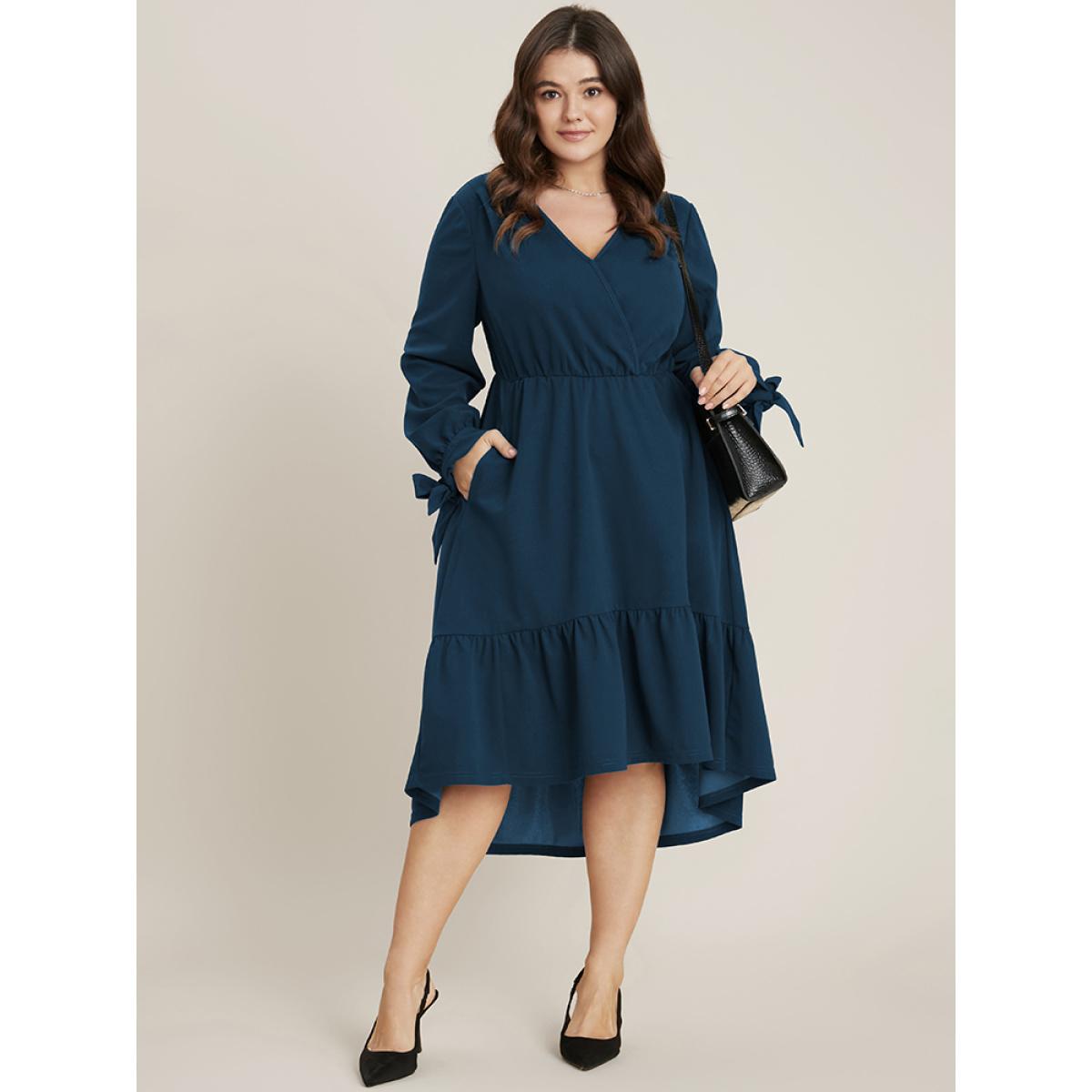 Plus Size Solid Knotted Sleeve Pocket Wrap Ruffle Asymmetrical Hem Dress Aegean Women Office Plain V-neck Long Sleeve Curvy Midi Dress BloomChic 14-16/1X Product Image