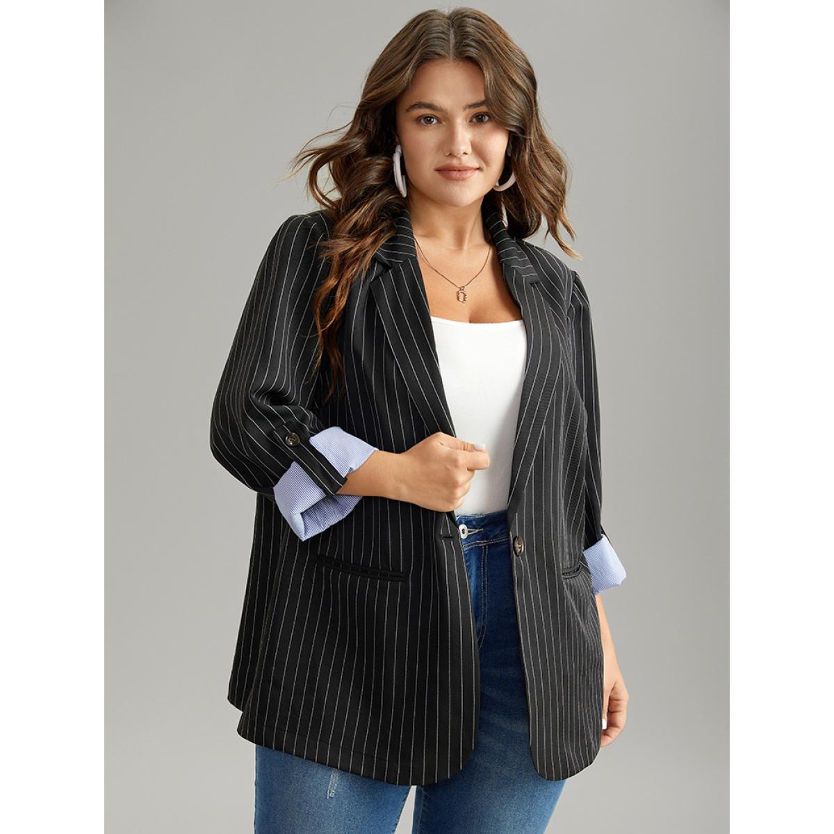 Plus Size Suit Collar Striped Contrast Blazer Black Women Dailywear Striped Contrast Sleeve Long Sleeve Suit Collar 10/M Pocket Casual Blazers BloomChic Product Image