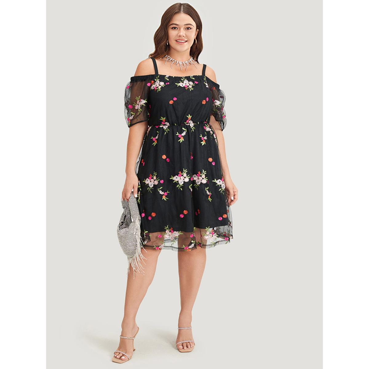 Plus Size Floral Embroidered Cold Shoulder Mesh Cami Dress Black Women Glamour Lined Spaghetti Strap Short sleeve Curvy Knee Dress BloomChic 30/6X Product Image
