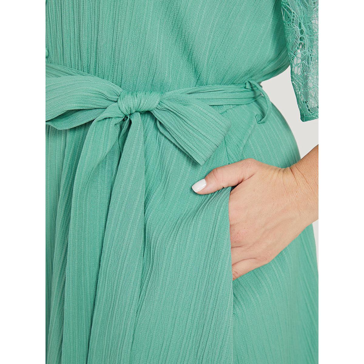 Plus Size Plain Pocket Lace Raglan Sleeve Ruffle Belted Plisse Dress Mint Women Office Plain V-neck Short sleeve Curvy Midi Dress BloomChic 14-16/1X Product Image