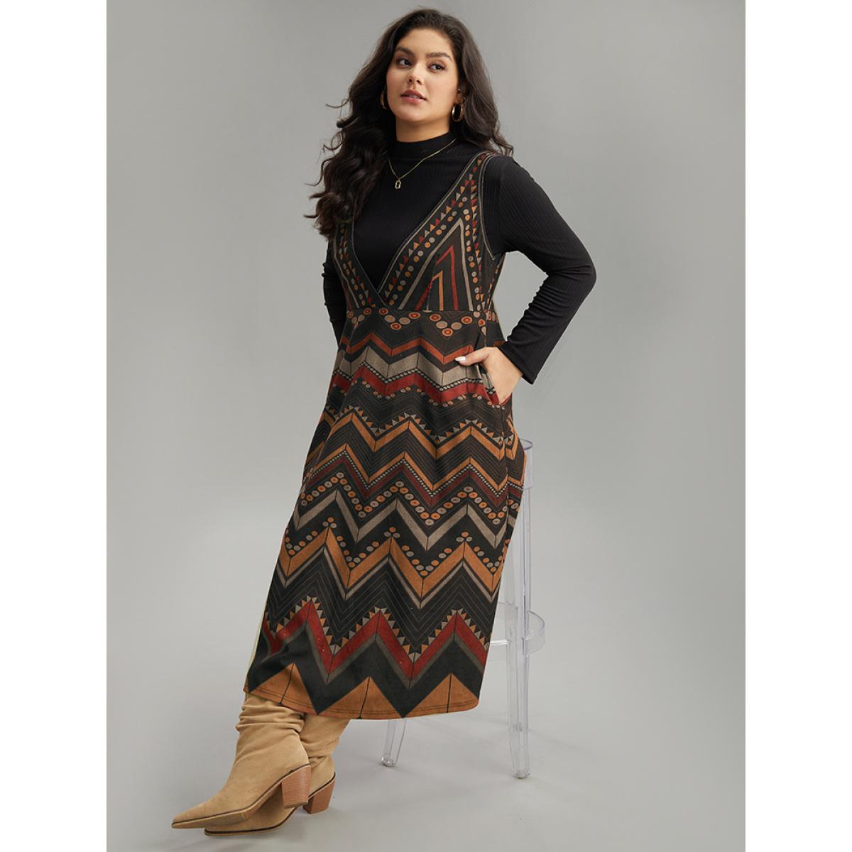 Plus Size Bandana Print Pocket Sleeveless Dress Multicolor Women Vacation Printed V-neck Sleeveless Curvy Midi Dress BloomChic 12/L Product Image