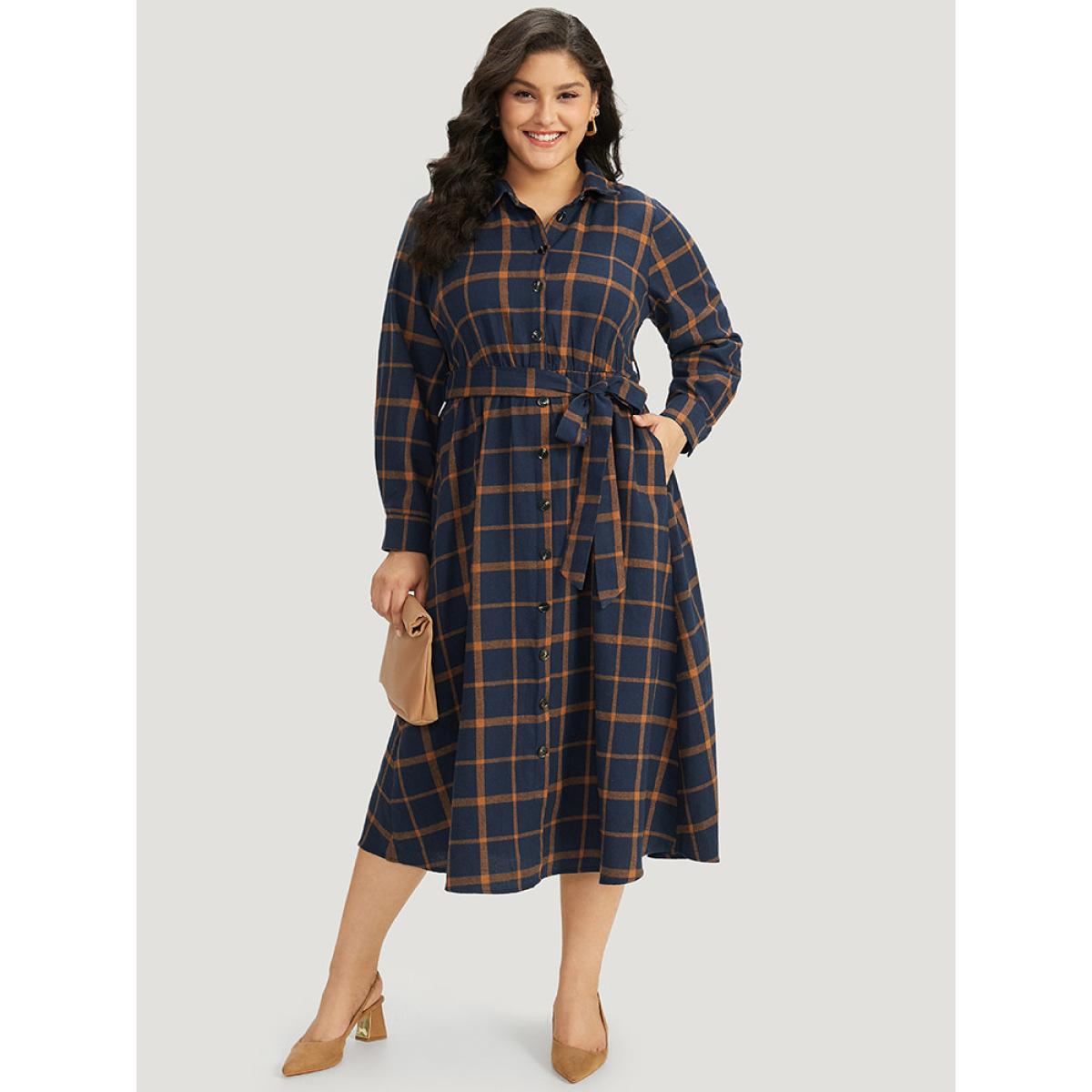 Plus Size Plaid Shirt Collar Button Fly Belted Dress Navy Women Office Belted Shirt collar Long Sleeve Curvy Midi Dress BloomChic 22-24/3X Product Image