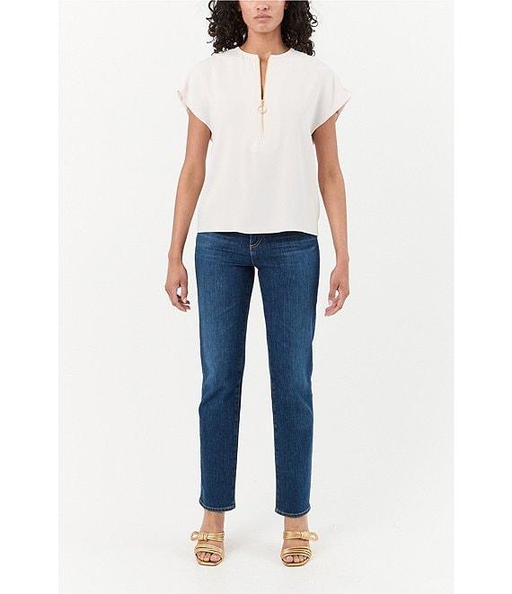 Trina Turk Hasil Georgette Zip Round Neck Short Sleeve Blouse Product Image