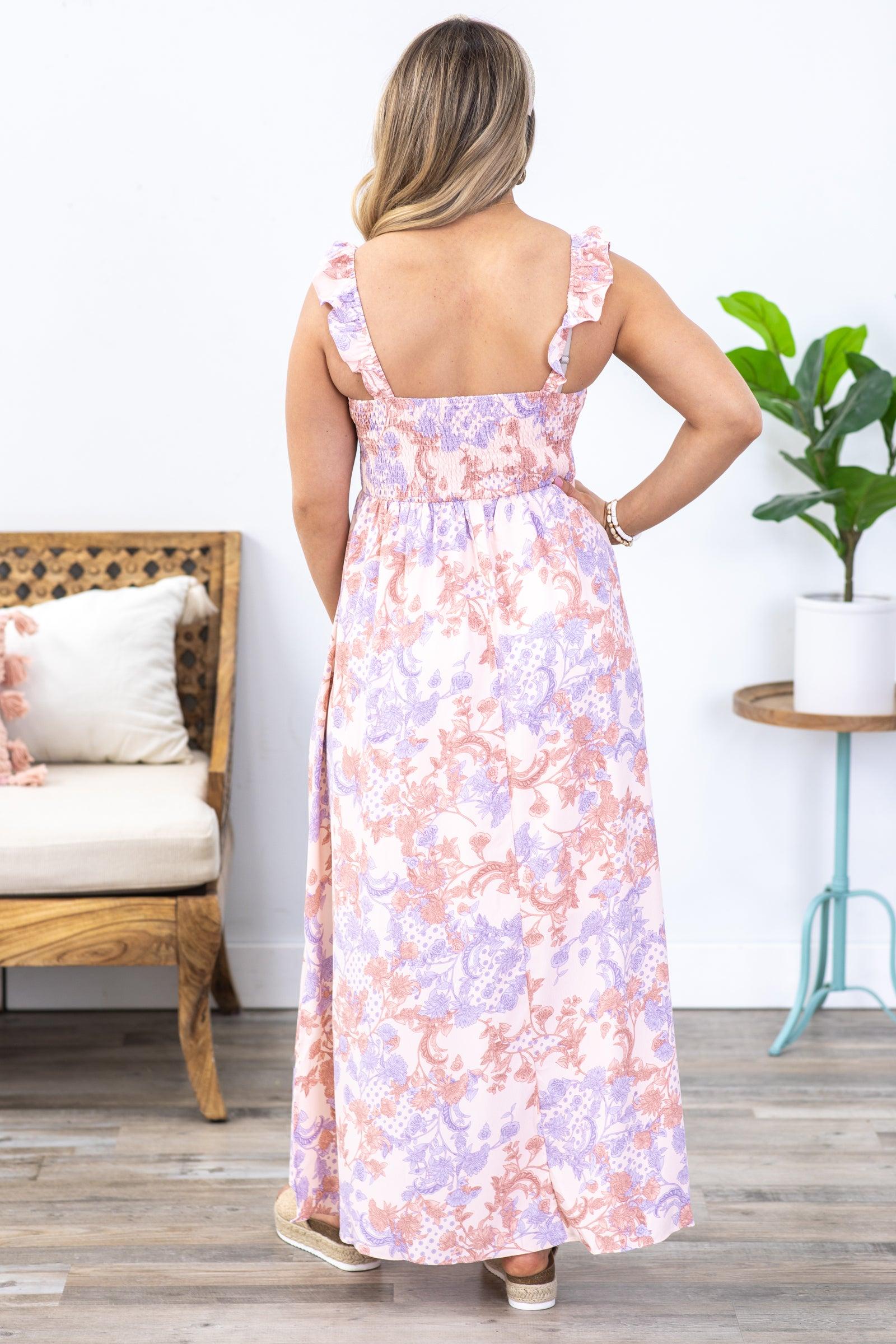 Peach Paisley Floral Smocked Maxi Dress Product Image
