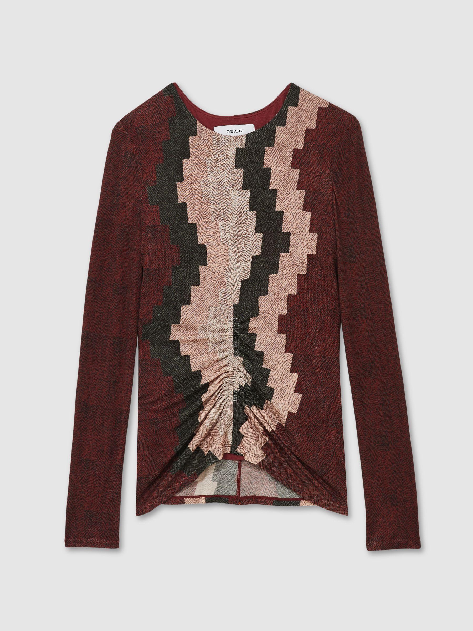 Printed Ruched Top With Wool in Burgundy Product Image