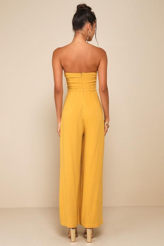 Breezy Essential Mustard Yellow Linen Wide-Leg Jumpsuit Product Image