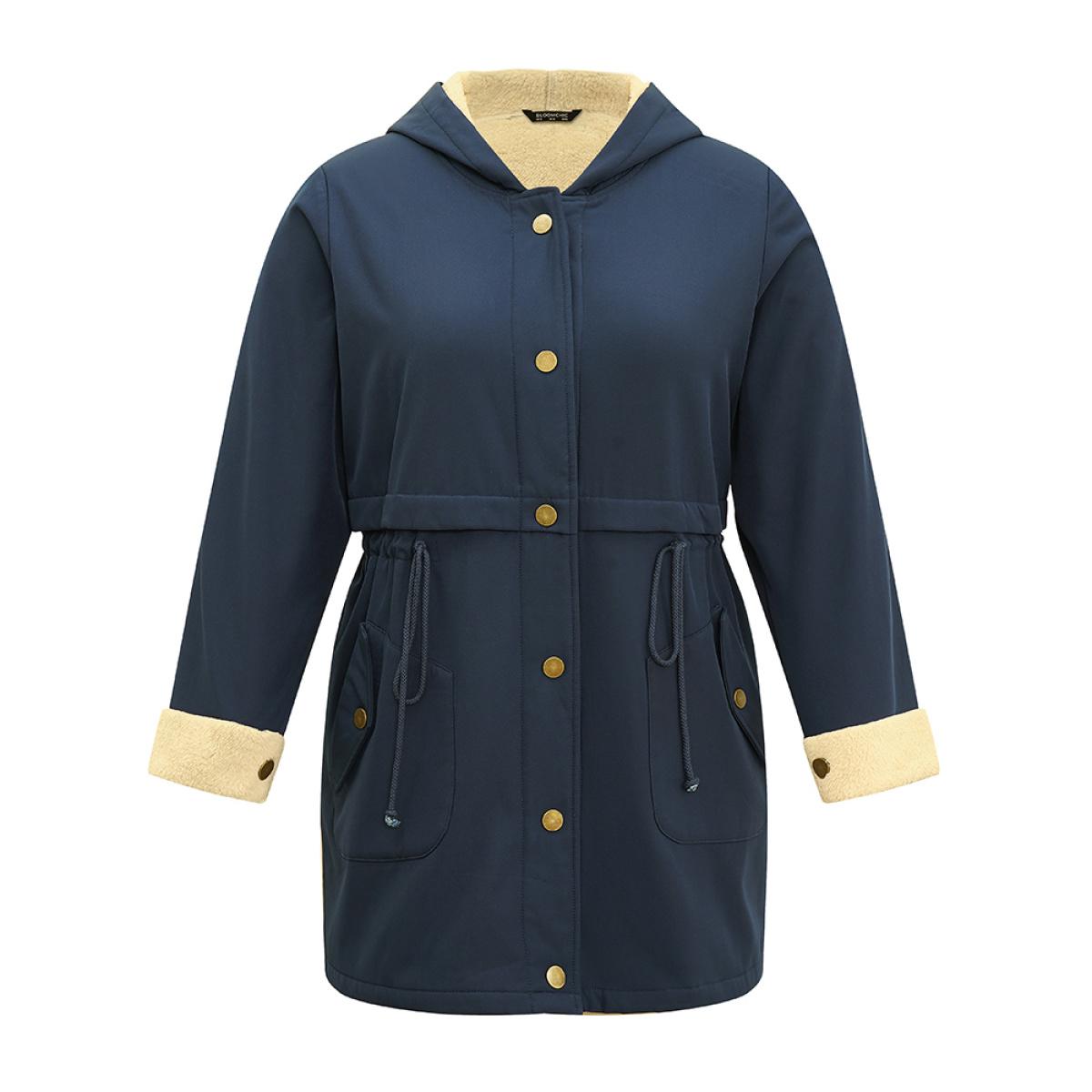 Plus Size Fuzzy Trim Drawstring Button Through Coat Women Indigo Casual Lined Ladies Dailywear Winter Coats BloomChic 10/M Product Image