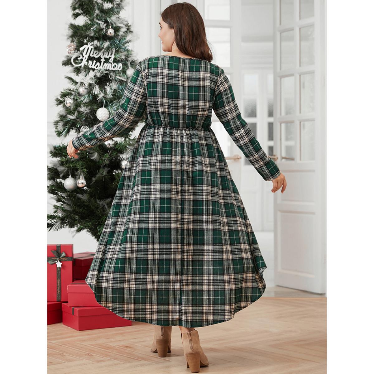 Plus Size Plaid V Neck Pocket High Low Hem Dress Without Belt DarkGreen Women Elegant Pocket V-neck Long Sleeve Curvy Midi Dress BloomChic 10/M Product Image