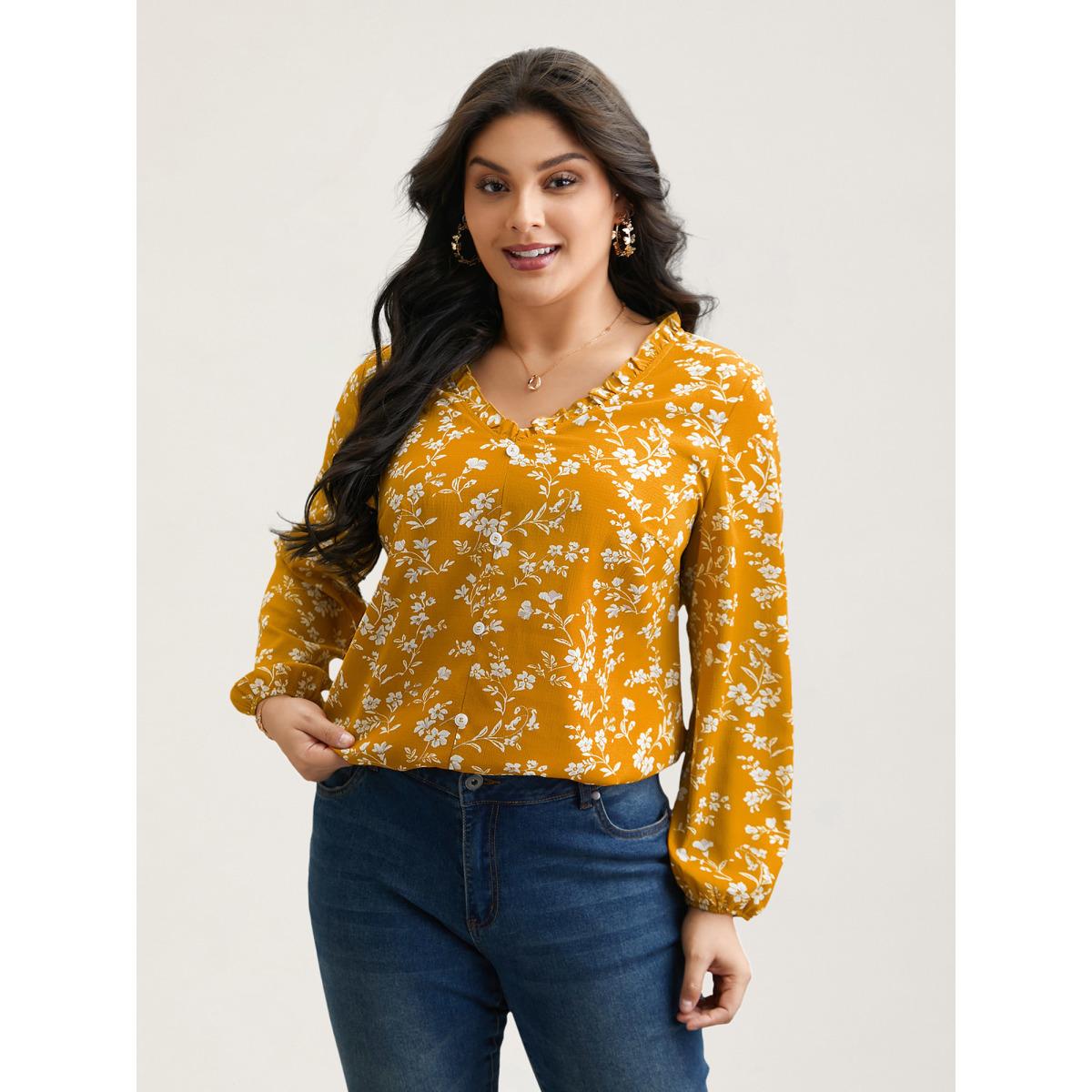 Plus Size Turmeric Floral Print V-Neck Ruffled Shirt Women Elegant Extra Long Sleeve V-neck Everyday Blouses BloomChic 22-24/3X Product Image