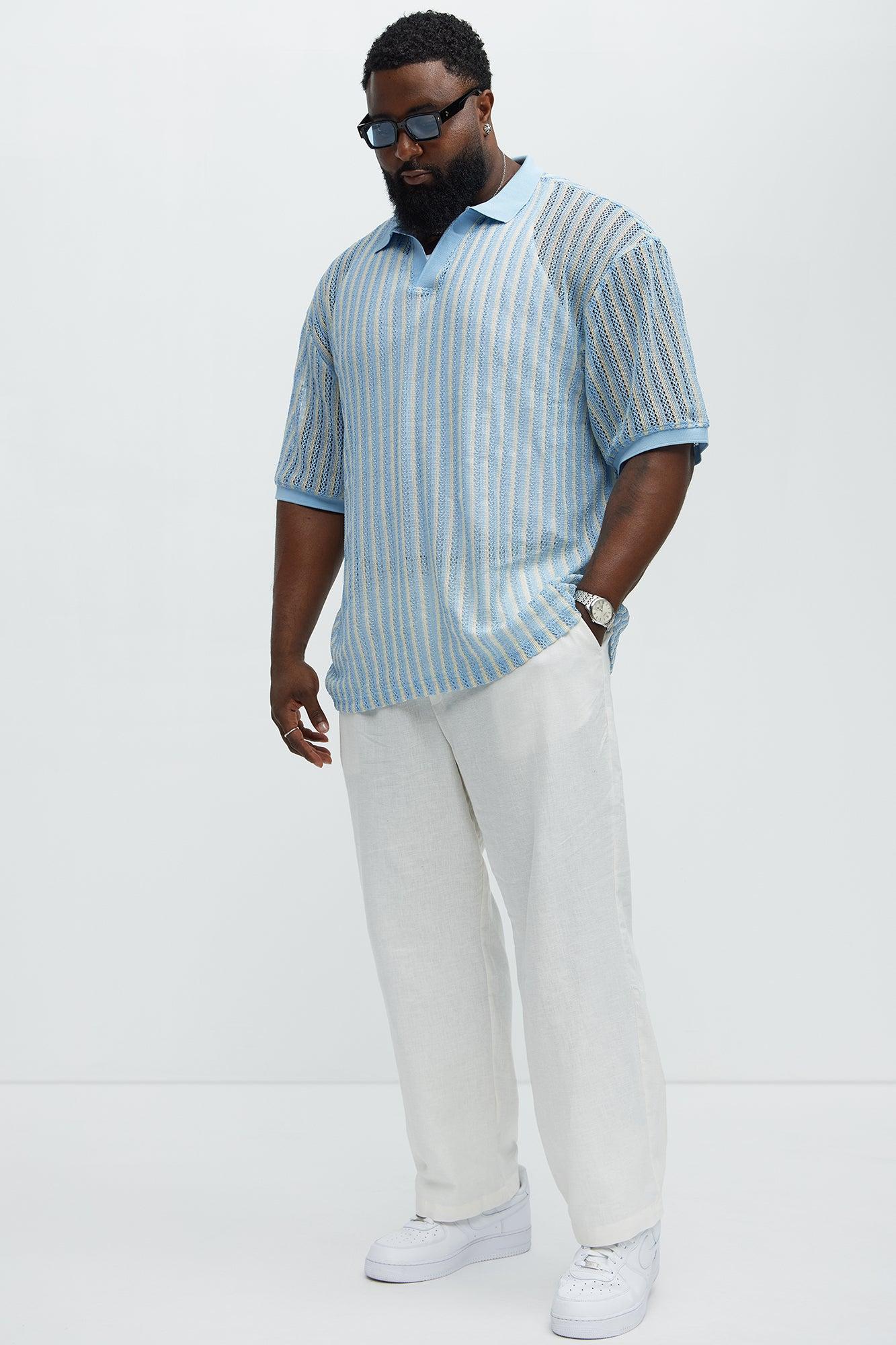 Striped Textured Johnny Collar Polo - Blue/combo Product Image