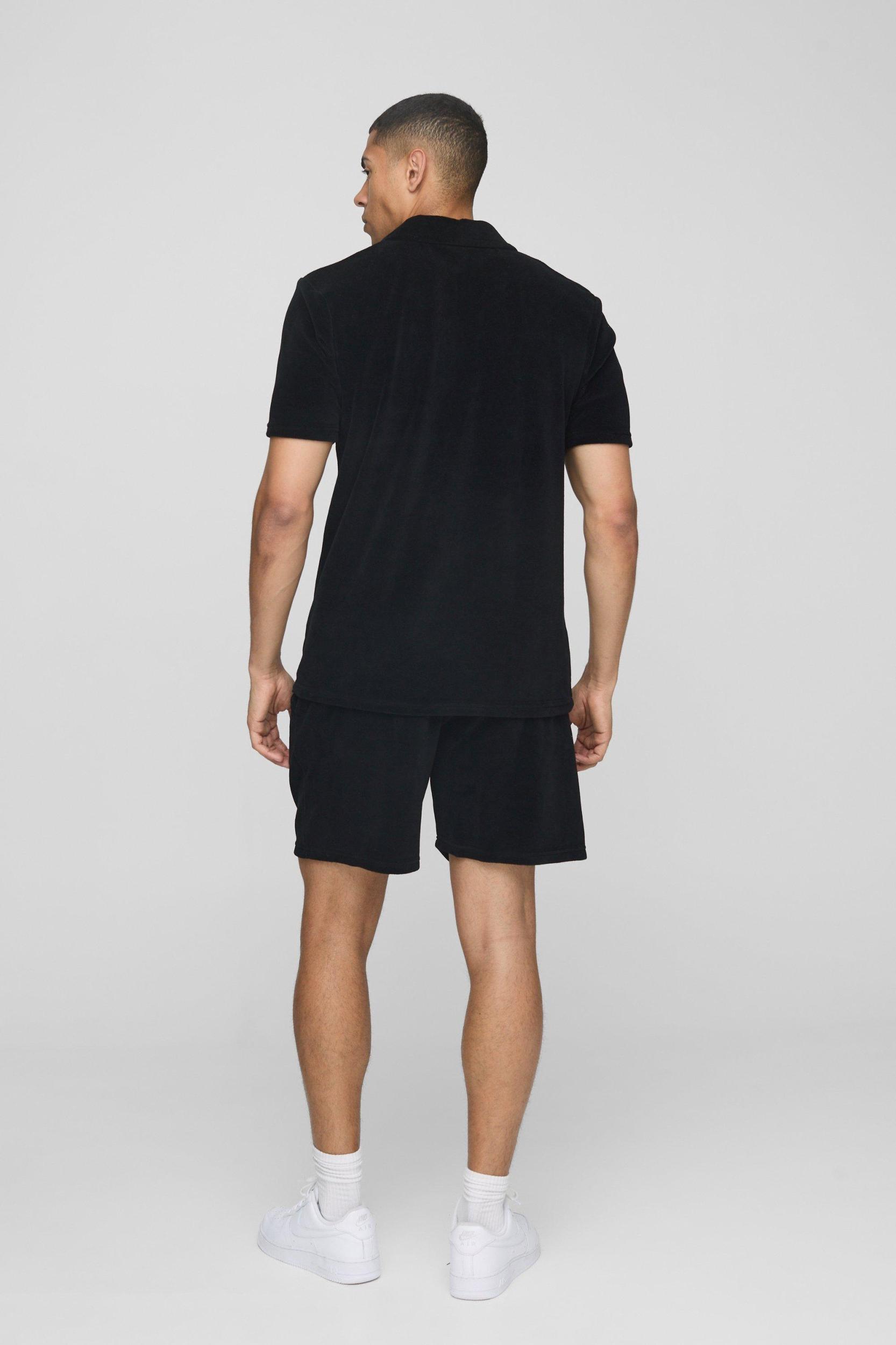 Regular Fit Pocket Detail Short Sleeve Velour Polo Shorts Set | boohooMAN USA Product Image