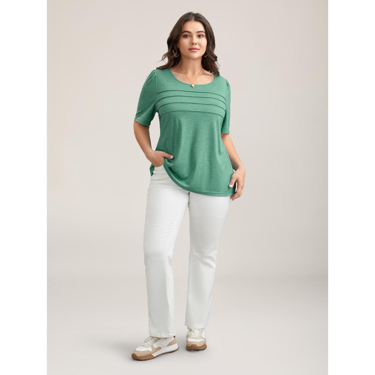 Plus Size Seamed Round Neck Fitted T-Shirt Emerald Women Leisure Tucked seam Round Neck Casual T-shirts BloomChic 10/M Product Image