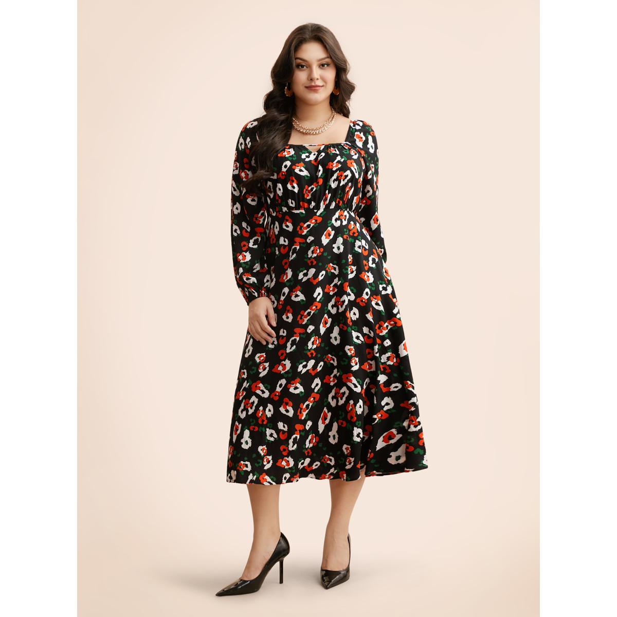 Plus Size Square Neck Animal Print Keyhole Dress Black Women Elegant Gathered Square Neck Long Sleeve Curvy BloomChic 26/4X Product Image