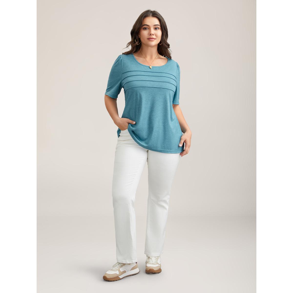 Plus Size Seamed Round Neck Fitted T-Shirt Cerulean Women Leisure Tucked seam Round Neck Casual T-shirts BloomChic 28/5X Product Image