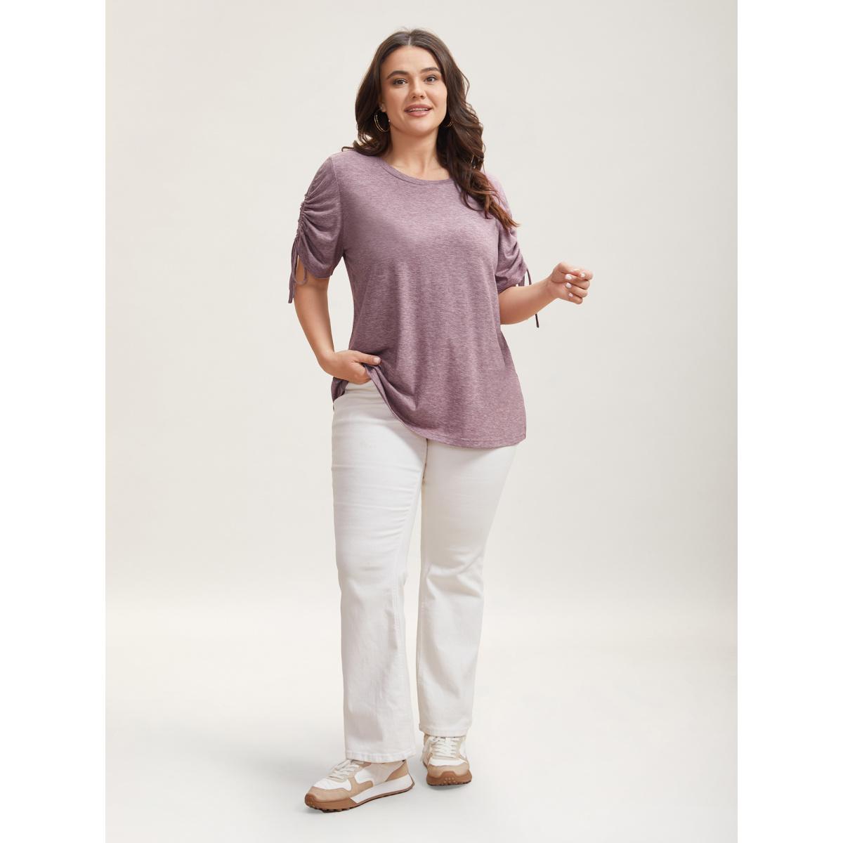 Plus Size Stretchy Heather Fabric Drawstring Sleeve T-Shirt Mauve Women Elegant Drawstring Round Neck Everyday T-shirts BloomChic 12/L Product Image