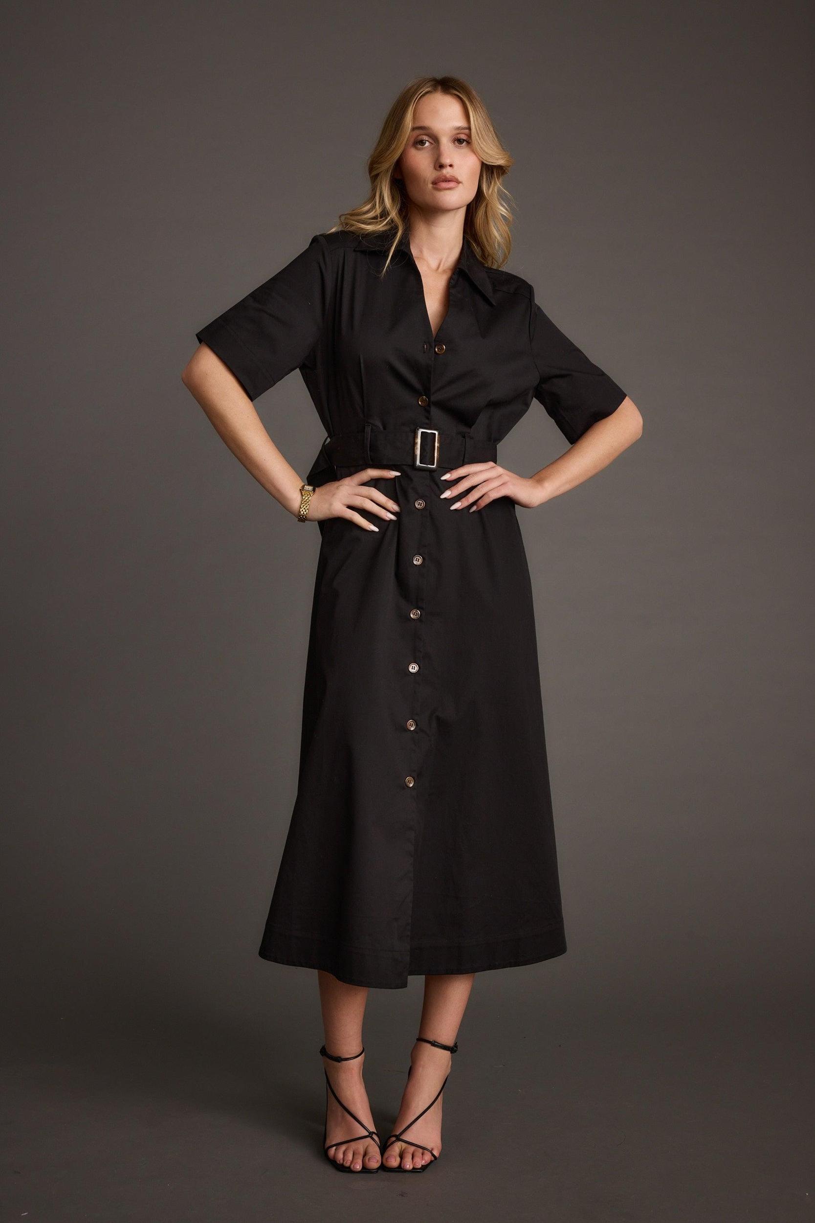Leena Black Button Front Belted Midi Dress Product Image