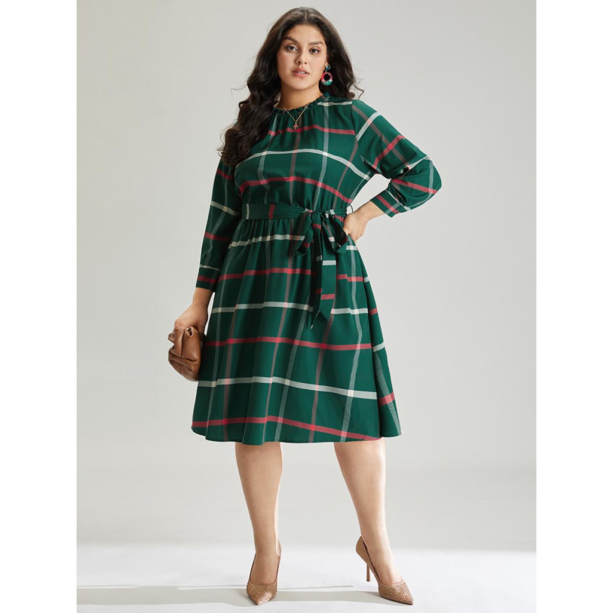 Plus Size Plaid Stand Collar Gathered Belted Dress Multicolor Women Office Printed Stand-up collar Elbow-length sleeve Curvy Midi Dress BloomChic 22-24/3X Product Image