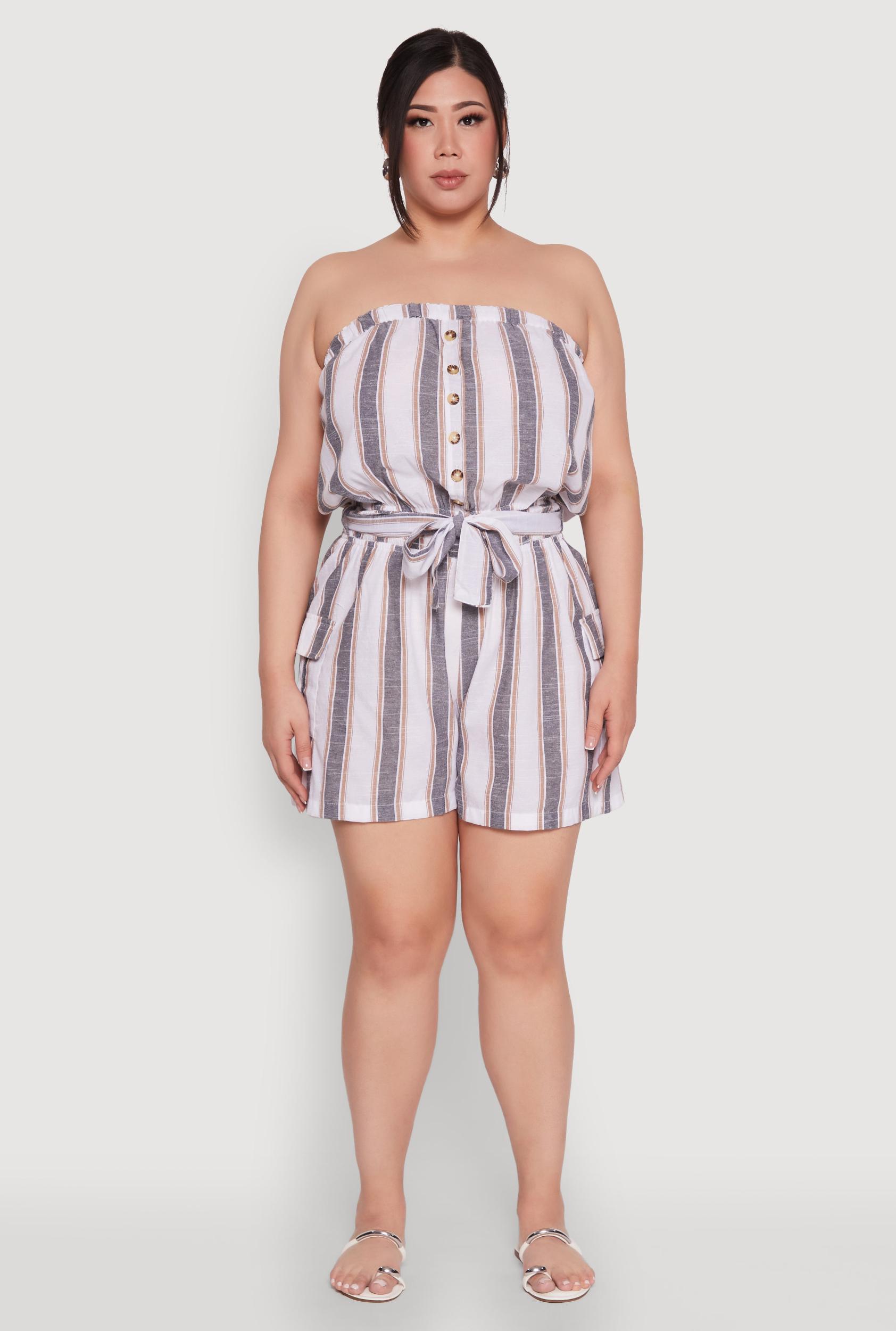Womens Plus Size Striped Tie Waist Belted Cargo Romper Product Image