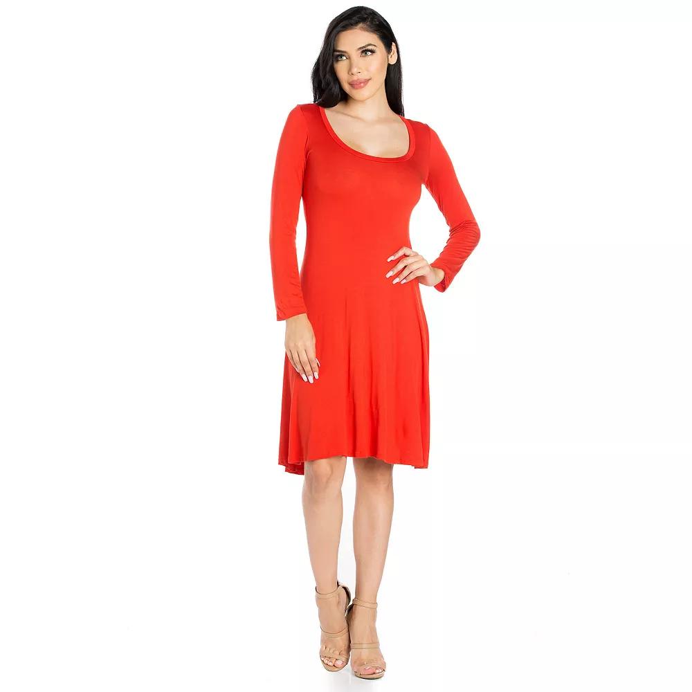 Women's 24seven Comfort Apparel Classic Scoopneck Long Sleeve Flared Mini Dress,  Product Image