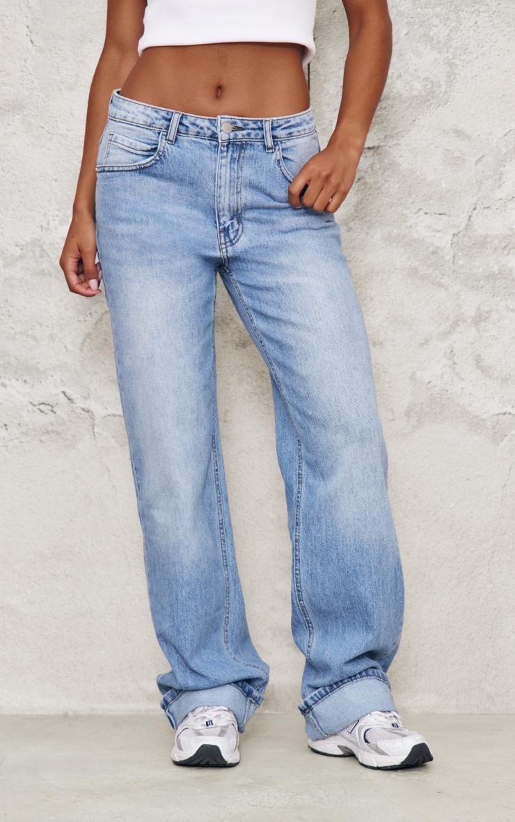 Mid Blue Wash Turn Up Hem Jeans Product Image