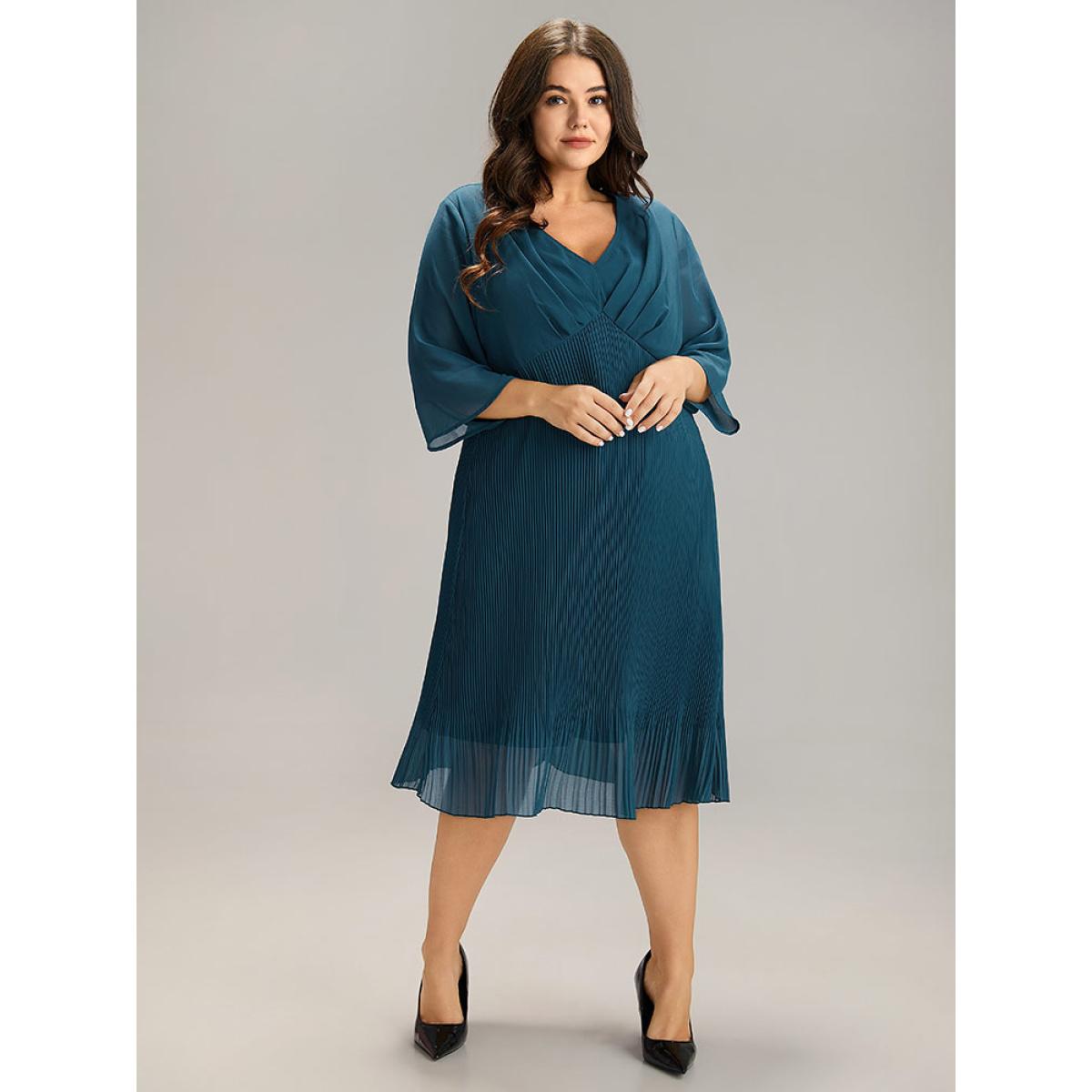 Plus Size Plain Chiffon Pleated V Neck Mesh Dress Cerulean Women Office See through V-neck Elbow-length sleeve Curvy Midi Dress BloomChic 18-20/2X Product Image
