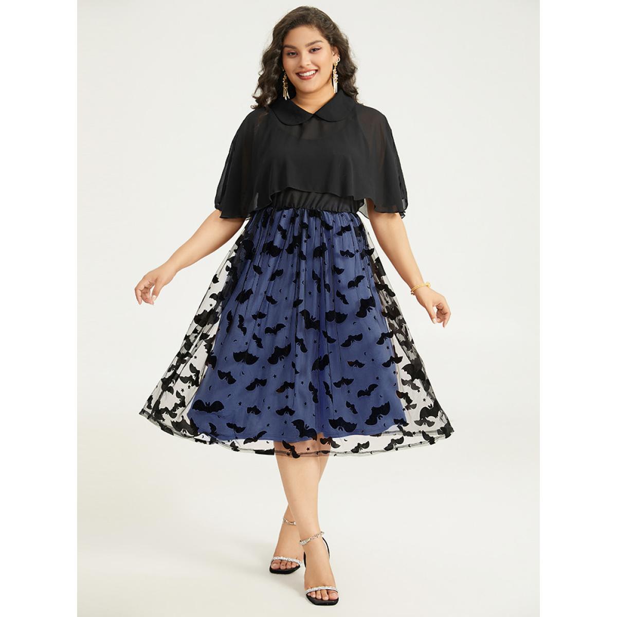 Plus Size Halloween Bat print Tiered Patchwork Dress DarkBlue Women Elegant Adjustable Straps Lapel Collar Sleeveless Curvy Midi Dress BloomChic 10/M Product Image