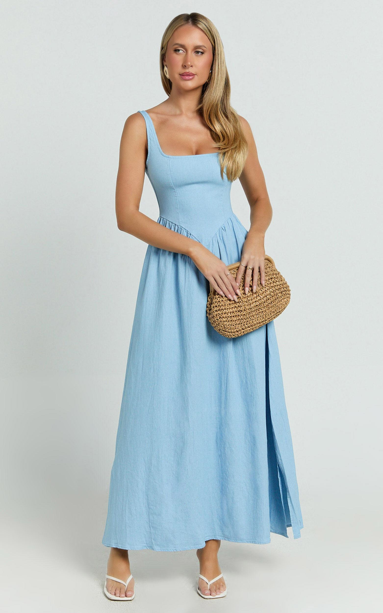 Rhaziya Midi Dress - Sleeveless Straight Neck Fit and Flare Dress in Blue Product Image