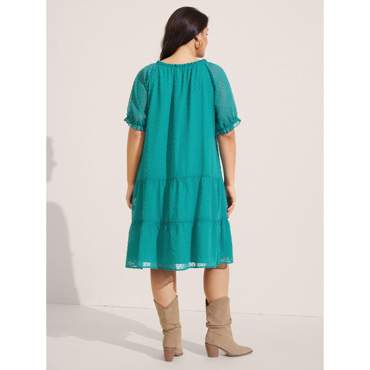 Plus Size Polka Dot Texture Tiered Tassel Midi Dress Emerald Women U-neck Half Sleeve Curvy BloomChic 10/M Product Image