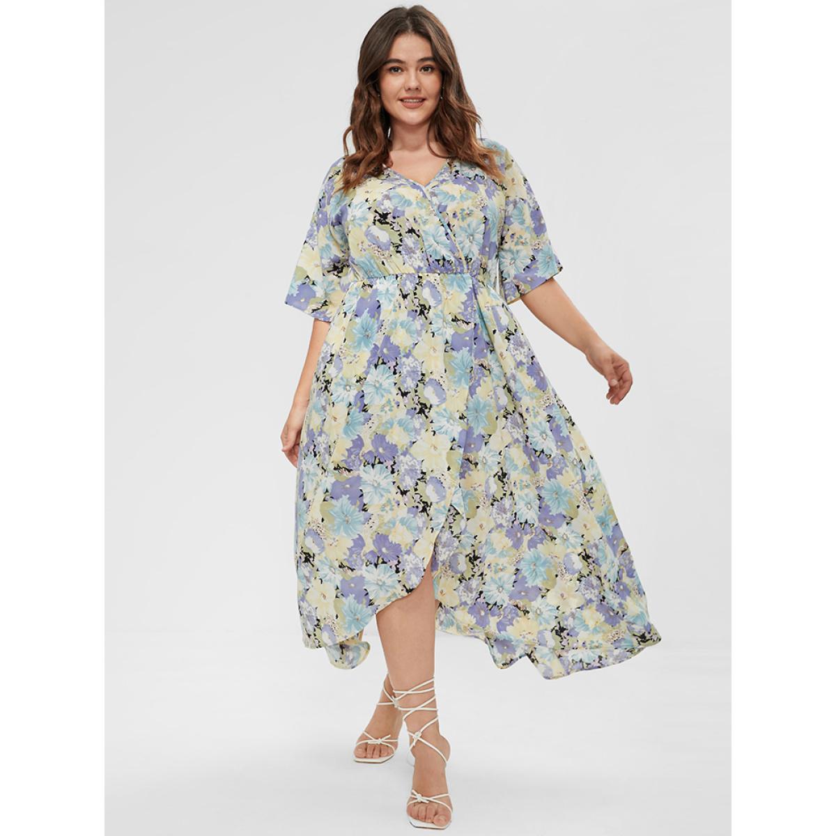 Plus Size Floral Split Pocket Button Detail Wrap Maxi Dress Purple Women Dating Wrap V-neck Short sleeve Curvy Midi Dress BloomChic 12/L Product Image