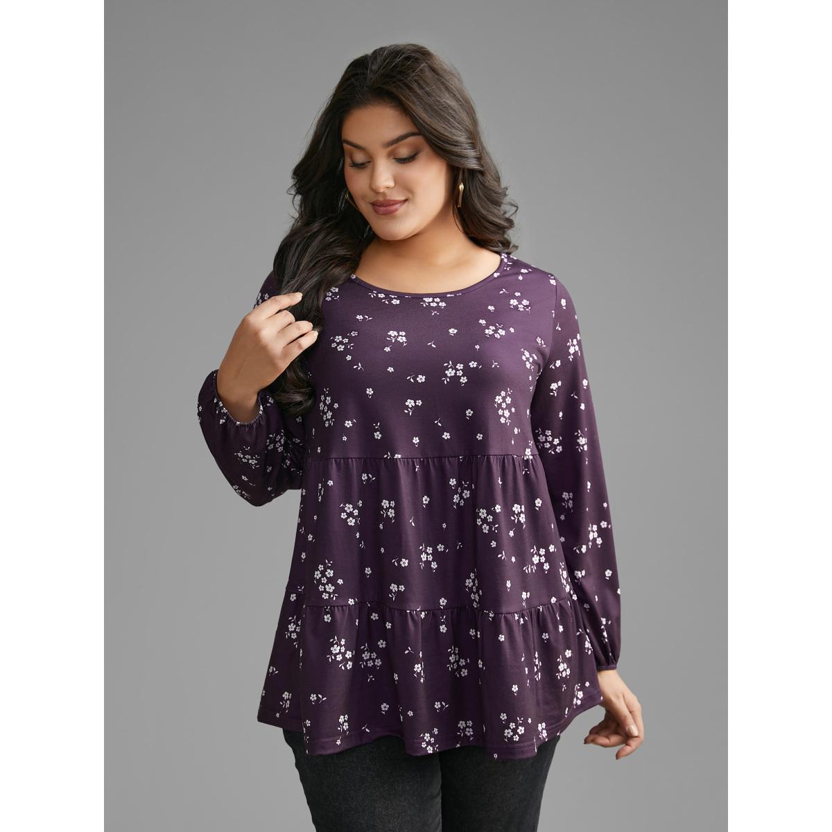 Plus Size Ditsy Floral Gathered Ruffle Hem T-shirt Eggplant Women Casual Gathered Natural Flowers Round Neck Loose Everyday T-shirts BloomChic 14-16/1X Product Image