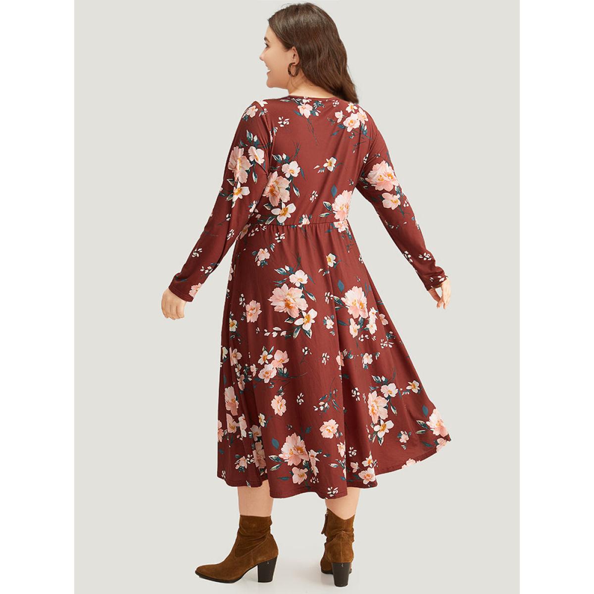 Plus Size Floral Pocket Ruched Elastic Waist Dress Burgundy Women Casual Gathered V-neck Long Sleeve Curvy Midi Dress BloomChic 28/5X Product Image