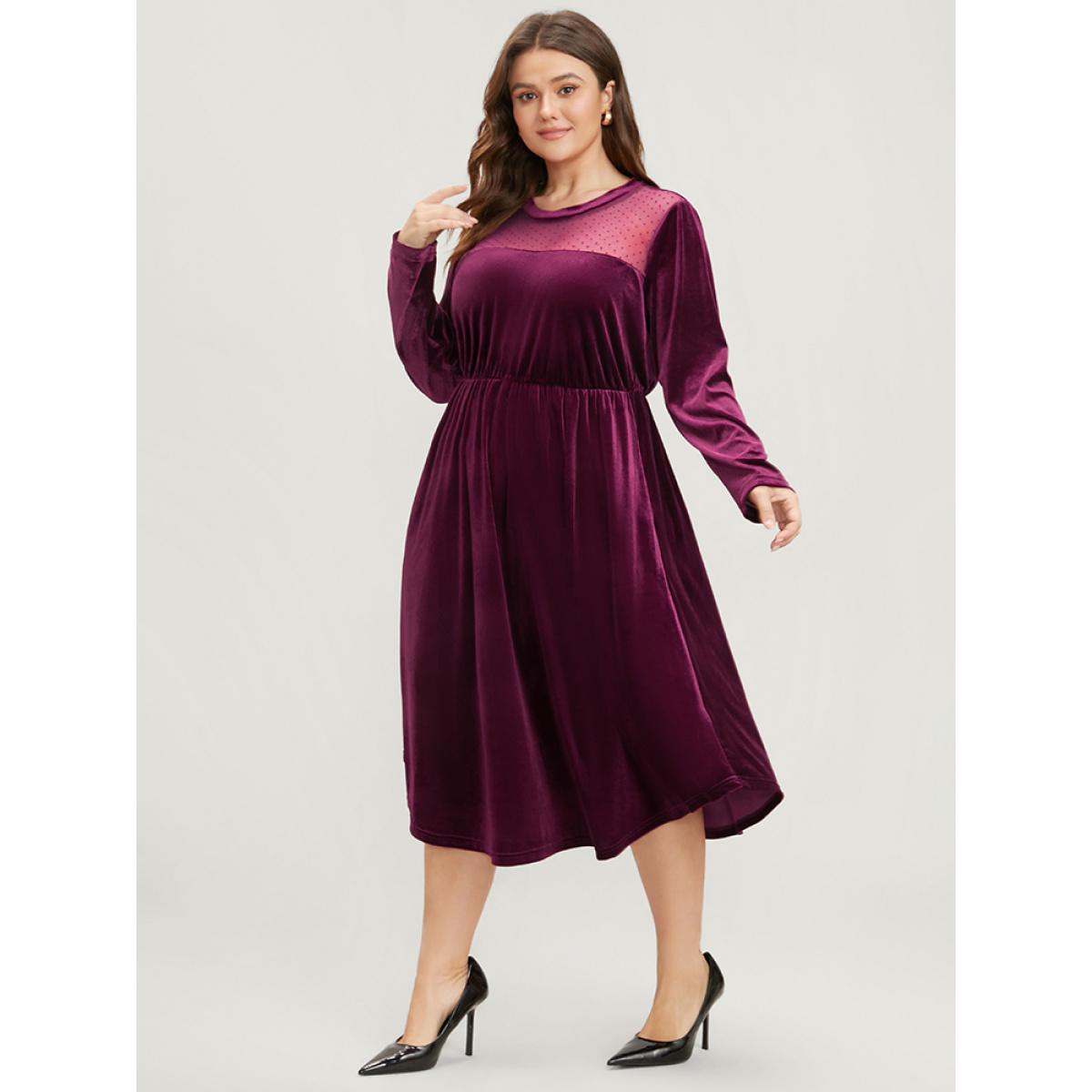 Plus Size Solid Mesh Patchwork Pocket Velvet Arc Hem Dress Burgundy Women Party See through Round Neck Long Sleeve Curvy Midi Dress BloomChic 26/4X Product Image