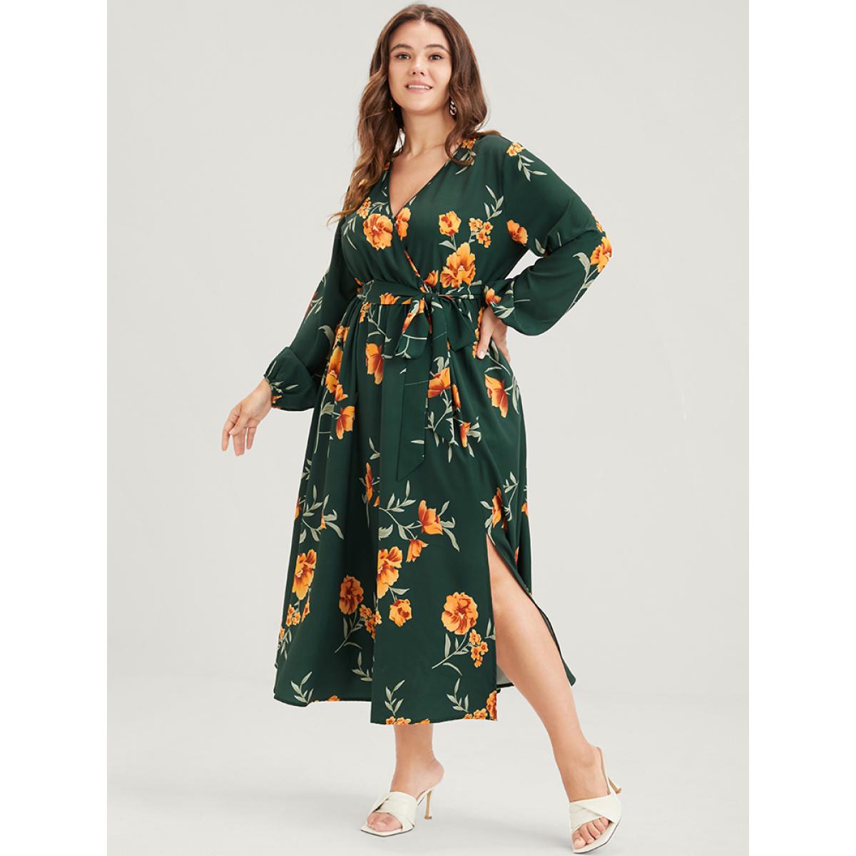 Plus Size Floral Pocket Lantern Sleeve Flutter Split Hem Ties Wrap Dress DarkGreen Women Elegant Cross straps V-neck Long Sleeve Curvy Midi Dress BloomChic 22-24/3X Product Image