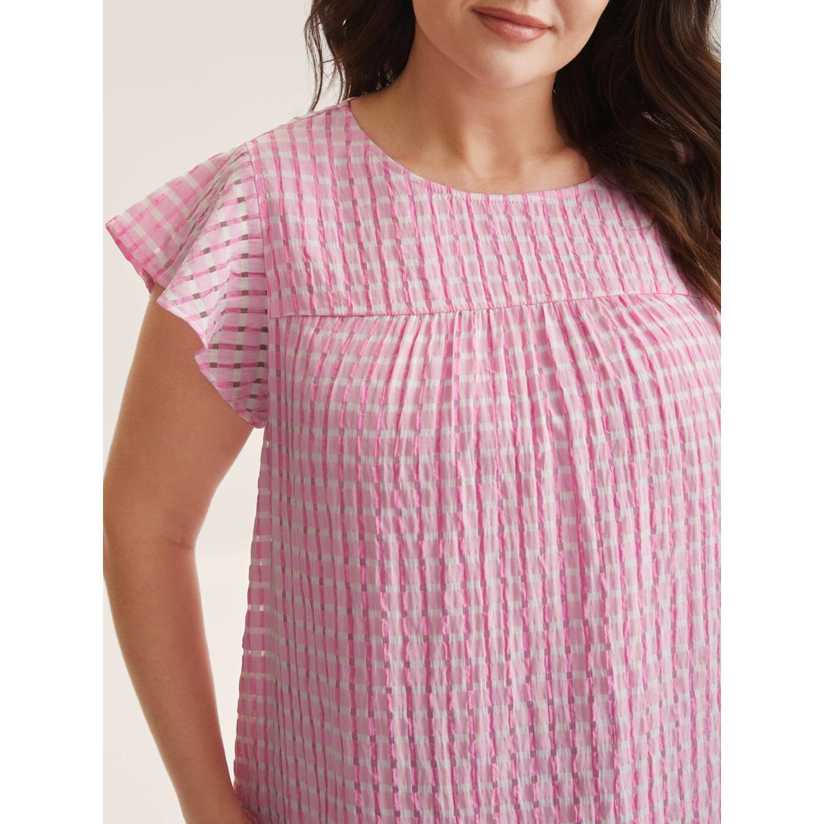 Plus Size Peach Textured Sheer Lined Flutter Sleeve Blouse Women Leisure Cap Sleeve Round Neck Casual Blouses BloomChic 12/L Product Image