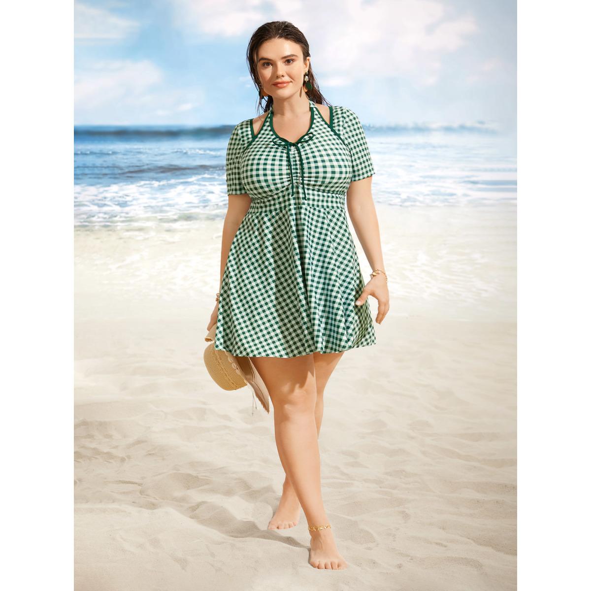 Plus Size Gingham Patchwork Drawstring Tie Knot Swim Dress Women's Swimwear Truegreen Beach Bodycon V-neck High stretch Curve Swim Dresses BloomChic 14-16/1X Product Image