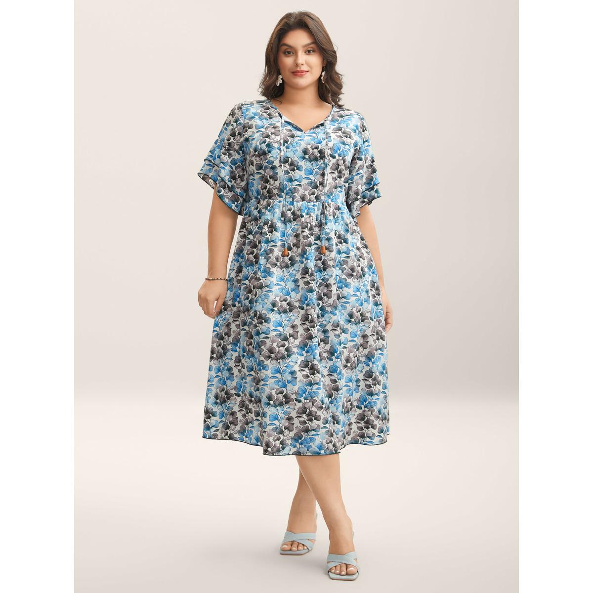 Plus Size Petal Print Layered Sleeve Pockets Midi Dress Mediumblue Women Notched collar Short sleeve Curvy BloomChic 12/L Product Image