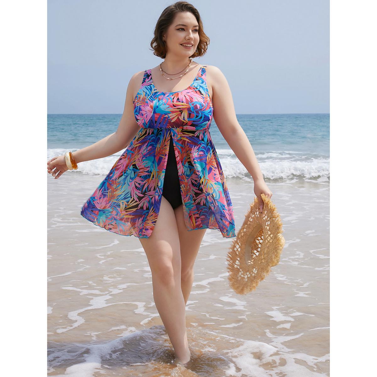 Plus Size Tropical Print Ruffles Split Front Swim Dress Women's Swimwear Multicolor Vacation Bodycon Round Neck High stretch Curve Swim Dresses BloomChic 22-24/3X Product Image