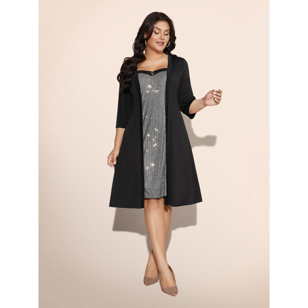 Plus Size Heart Neckline Patchwork Sequin Button Detail Dress Silver Women Party&Cocktail Texture Party Curvy Bloomchic 22-24/3X Product Image