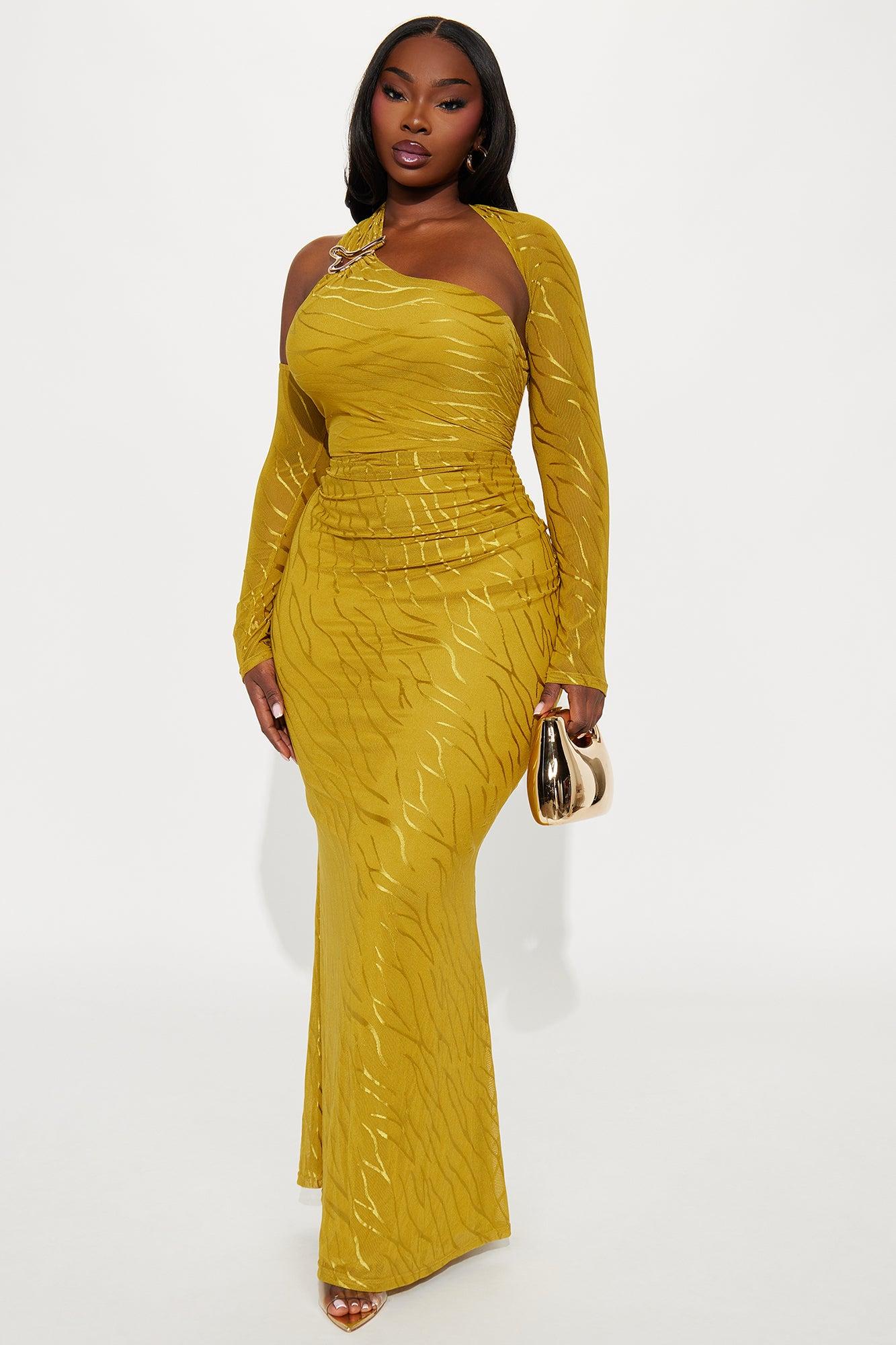 Juliana Asymmetrical Long Sleeve Mesh Maxi Dress - Chartreuse Female Product Image